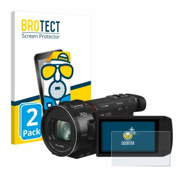 Front side of a product packaging with the brand logo BROTECT. Next to it is the device Panasonic HC-VXF11 shown with the corr
