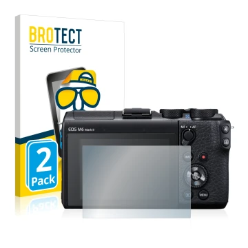Front side of a product packaging with the brand logo BROTECT. Next to it is the device Canon EOS M6 Mark II shown with the co
