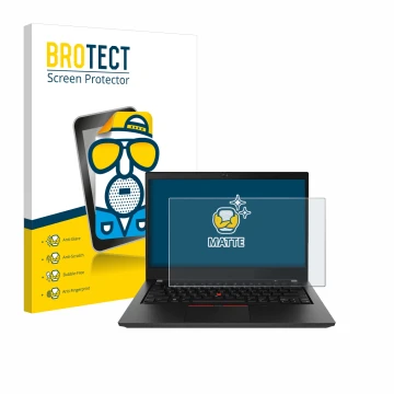 Front side of a product packaging with the brand logo BROTECT. Next to it is the device Lenovo ThinkPad T490 Non-Touch shown w