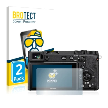 Front side of a product packaging with the brand logo BROTECT. Next to it is the device Sony Alpha 6600 shown with the corresp