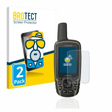 Front side of a product packaging with the brand logo BROTECT. Next to it is the device Garmin GPSMAP 64sx shown with the corr