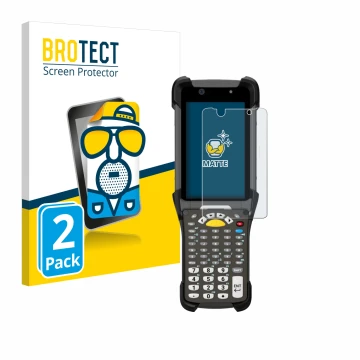 Front side of a product packaging with the brand logo BROTECT. Next to it is the device Zebra MC9300 shown with the correspond