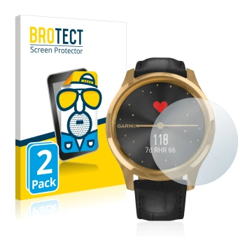 Front side of a product packaging with the brand logo BROTECT. Next to it is the device Garmin vivomove Luxe (42 mm) shown wit