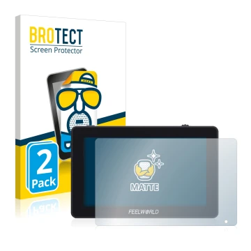 Front side of a product packaging with the brand logo BROTECT. Next to it is the device Feelworld F6 Plus shown with the corre
