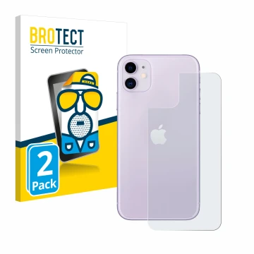 Front side of a product packaging with the brand logo BROTECT. Next to it is the device Apple iPhone 11 (Back) shown with the 