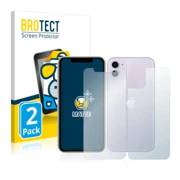 Front side of a product packaging with the brand logo BROTECT. Next to it is the device Apple iPhone 11 (Front+Back) shown wit