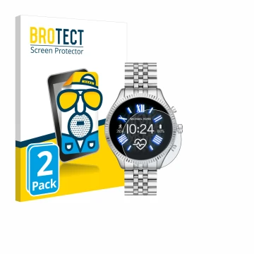 Front side of a product packaging with the brand logo BROTECT. Next to it is the device Michael Kors Access Lexington 2 shown 