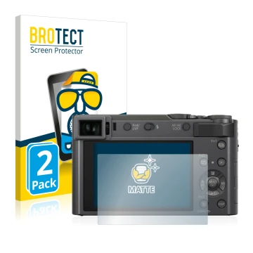 Front side of a product packaging with the brand logo BROTECT. Next to it is the device Panasonic Lumix DC-TZ200 shown with th