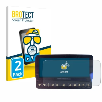 Front side of a product packaging with the brand logo BROTECT. Next to it is the device Mercedes-Benz Actros 2019 Touch-Displa