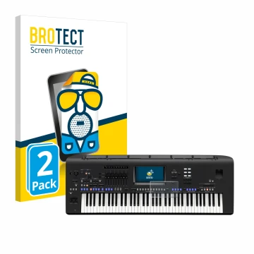 Front side of a product packaging with the brand logo BROTECT. Next to it is the device Yamaha Genos shown with the correspond