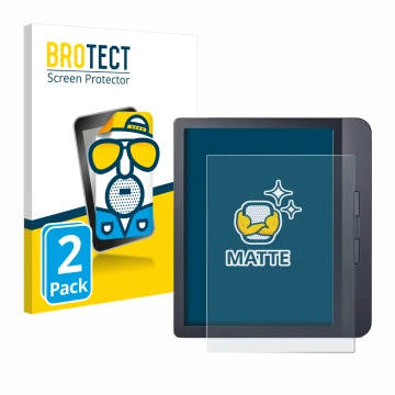Front side of a product packaging with the brand logo BROTECT. Next to it is the device Kobo Libra H2O shown with the correspo