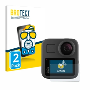 Front side of a product packaging with the brand logo BROTECT. Next to it is the device GoPro Max shown with the corresponding