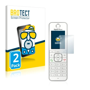 Front side of a product packaging with the brand logo BROTECT. Next to it is the device AVM Fritz!Fon C6 shown with the corres