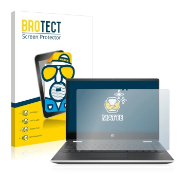 Front side of a product packaging with the brand logo BROTECT. Next to it is the device HP Pavilion x360 (14-dhX) shown with t