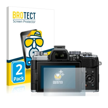 Front side of a product packaging with the brand logo BROTECT. Next to it is the device Olympus OM-D E-M5 Mark III shown with 