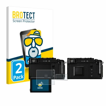 Front side of a product packaging with the brand logo BROTECT. Next to it is the device Fujifilm X-Pro3 shown with the corresp