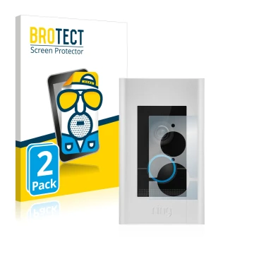 Front side of a product packaging with the brand logo BROTECT. Next to it is the device Ring Video Doorbell Elite shown with t