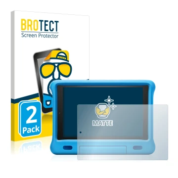 Front side of a product packaging with the brand logo BROTECT. Next to it is the device Amazon Fire HD 10 Kids 2019 (9th Gen.)