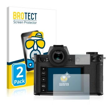 Front side of a product packaging with the brand logo BROTECT. Next to it is the device Leica SL2 shown with the corresponding