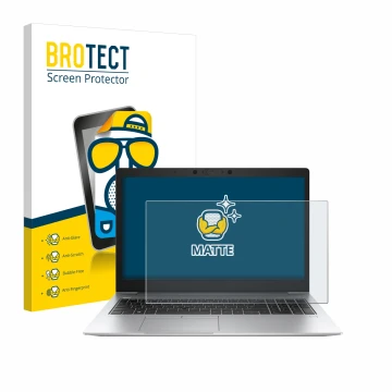 Front side of a product packaging with the brand logo BROTECT. Next to it is the device HP EliteBook 850 G6 shown with the cor