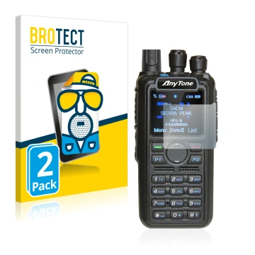 Front side of a product packaging with the brand logo BROTECT. Next to it is the device AnyTone AT-D878UV shown with the corre