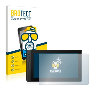 Front side of a product packaging with the brand logo BROTECT. Next to it is the device Huion Kamvas Pro 16 Premium shown with