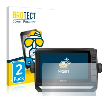 Front side of a product packaging with the brand logo BROTECT. Next to it is the device Garmin ECHOMAP UHD 92sv shown with the