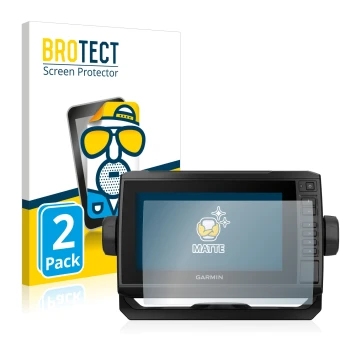 Front side of a product packaging with the brand logo BROTECT. Next to it is the device Garmin ECHOMAP UHD 72cv shown with the
