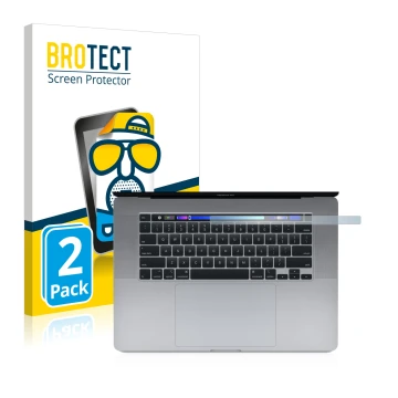 Front side of a product packaging with the brand logo BROTECT. Next to it is the device Apple MacBook Pro 16