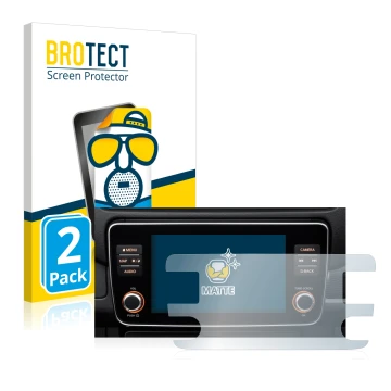 Front side of a product packaging with the brand logo BROTECT. Next to it is the device Nissan Leaf E Plus Infotainment System
