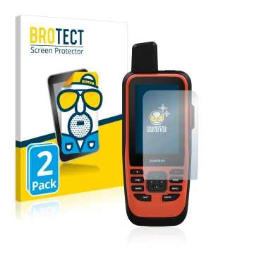Front side of a product packaging with the brand logo BROTECT. Next to it is the device Garmin GPSMAP 86i shown with the corre