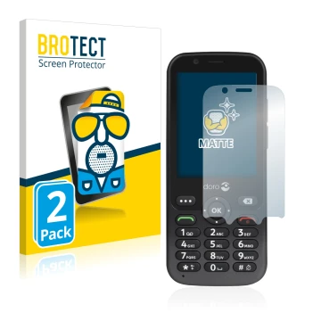 Front side of a product packaging with the brand logo BROTECT. Next to it is the device Doro 7010 shown with the corresponding