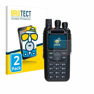 Front side of a product packaging with the brand logo BROTECT. Next to it is the device AnyTone AT-D878UV Plus shown with the 