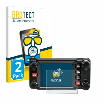 Front side of a product packaging with the brand logo BROTECT. Next to it is the device Yaesu FTM-400XDR shown with the corres