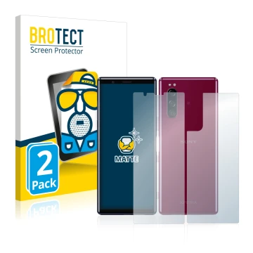Front side of a product packaging with the brand logo BROTECT. Next to it is the device Sony Xperia 5 (Front+Back) shown with 