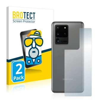 Front side of a product packaging with the brand logo BROTECT. Next to it is the device Samsung Galaxy S20 Ultra (Back) shown 