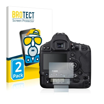 Front side of a product packaging with the brand logo BROTECT. Next to it is the device Canon EOS 1D X Mark III shown with the
