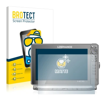 Front side of a product packaging with the brand logo BROTECT. Next to it is the device Lowrance HDS Live 12