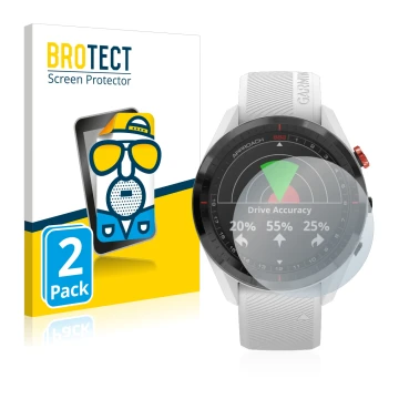 Front side of a product packaging with the brand logo BROTECT. Next to it is the device Garmin Approach S62 shown with the cor