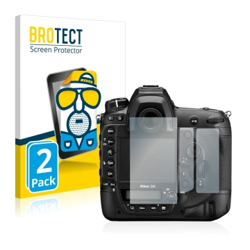 Front side of a product packaging with the brand logo BROTECT. Next to it is the device Nikon D6 shown with the corresponding 