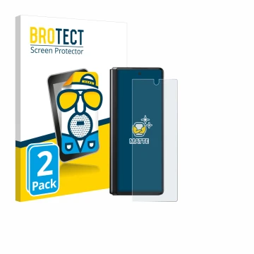 Front side of a product packaging with the brand logo BROTECT. Next to it is the device Samsung Galaxy Z Fold 2 5G shown with 