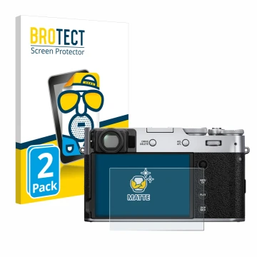 Front side of a product packaging with the brand logo BROTECT. Next to it is the device Fujifilm X100V shown with the correspo