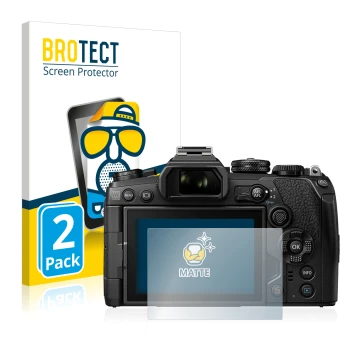 Front side of a product packaging with the brand logo BROTECT. Next to it is the device Olympus OM-D E-M1 Mark III shown with 