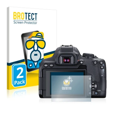 Front side of a product packaging with the brand logo BROTECT. Next to it is the device Canon EOS 850D shown with the correspo