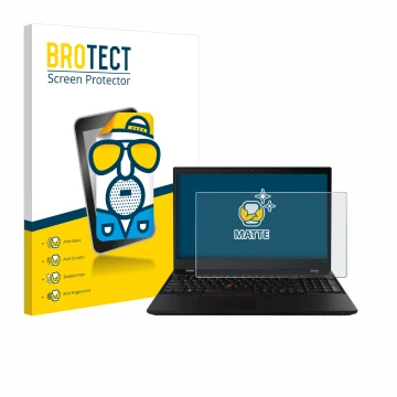 Front side of a product packaging with the brand logo BROTECT. Next to it is the device Lenovo ThinkPad T590 Non-Touch shown w