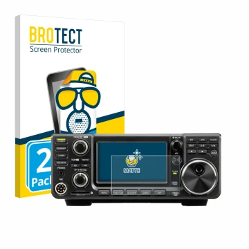Front side of a product packaging with the brand logo BROTECT. Next to it is the device Icom IC-9700 shown with the correspond