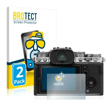 Front side of a product packaging with the brand logo BROTECT. Next to it is the device Fujifilm X-T4 shown with the correspon
