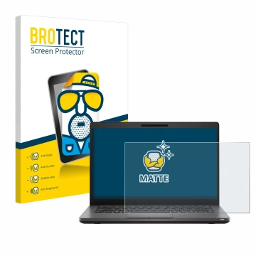 Front side of a product packaging with the brand logo BROTECT. Next to it is the device Dell Latitude 5400 shown with the corr