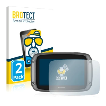 Front side of a product packaging with the brand logo BROTECT. Next to it is the device TomTom Rider 50 shown with the corresp