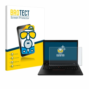 Front side of a product packaging with the brand logo BROTECT. Next to it is the device Lenovo ThinkPad L490 shown with the co